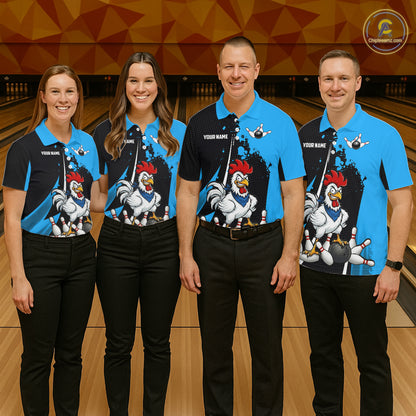 Custom Black And Blue Funny Chicken Bowling Shirts For Men, Bowling Team Jersey Polo & 1/4 Zip TDM6301