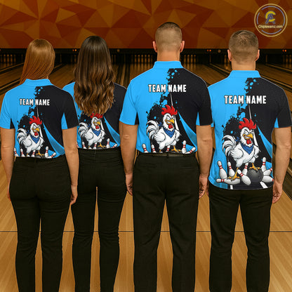 Custom Black And Blue Funny Chicken Bowling Shirts For Men, Bowling Team Jersey Polo & 1/4 Zip TDM6301