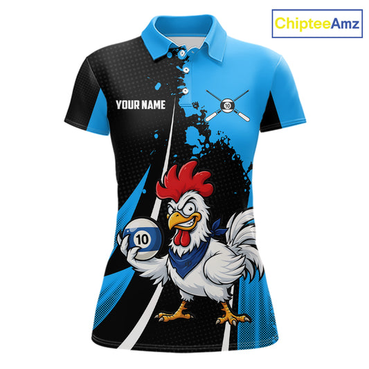 Black And Blue Funny Chicken 10 Ball Billiard Shirt For Women Custom Pool Team Jersey Polo & 1/4 Zip TDM6302