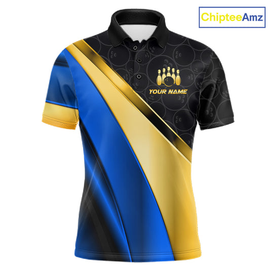 Custom Blue And Gold Bowling Shirts For Men, Bowling League Team Jersey Bowling Tournament Shirts TDM7212
