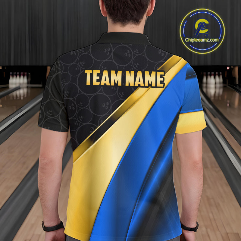 Custom Blue And Gold Bowling Shirts For Men, Bowling League Team Jersey Bowling Tournament Shirts TDM7212