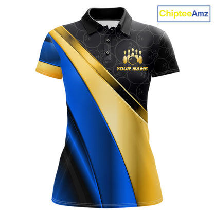 Custom Blue And Gold Bowling Shirts For Women, Bowling League Team Jersey Bowling Tournament Shirts TDM7212