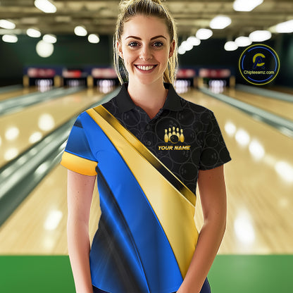 Custom Blue And Gold Bowling Shirts For Women, Bowling League Team Jersey Bowling Tournament Shirts TDM7212