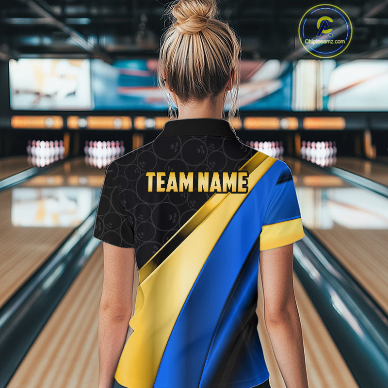 Custom Blue And Gold Bowling Shirts For Women, Bowling League Team Jersey Bowling Tournament Shirts TDM7212