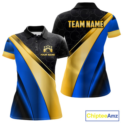 Custom Blue And Gold Bowling Shirts For Women, Bowling League Team Jersey Bowling Tournament Shirts TDM7212