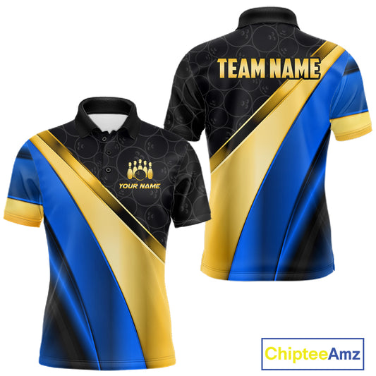 Custom Blue And Gold Bowling Shirts For Men, Bowling League Team Jersey Bowling Tournament Shirts TDM7212