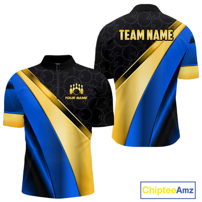 Custom Blue And Gold Bowling Shirts For Men, Bowling League Team Jersey Bowling Tournament Shirts TDM7212