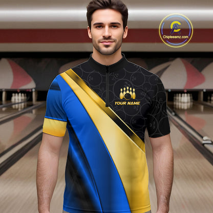 Custom Blue And Gold Bowling Shirts For Men, Bowling League Team Jersey Bowling Tournament Shirts TDM7212