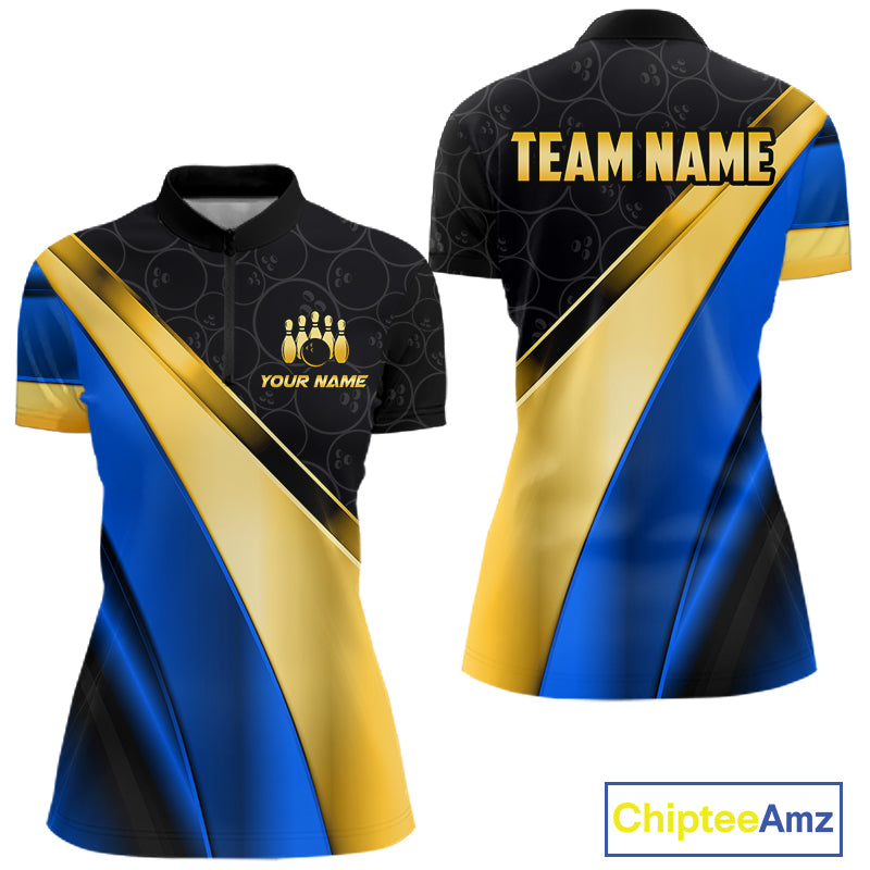 Custom Blue And Gold Bowling Shirts For Women, Bowling League Team Jersey Bowling Tournament Shirts TDM7212