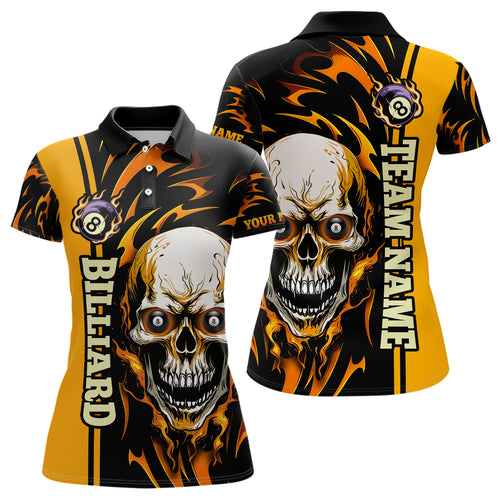 Personalized Yellow Billiard Skull Player 3D Women's Polo Shirts Custom Name Billiard Team Uniform TDM0345