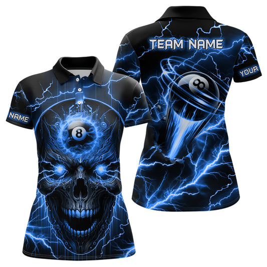 Personalized Skull Billiard Polo Shirts For Women Custom Name 8 Ball Pool Billiard Jerseys |Blue TDM1098