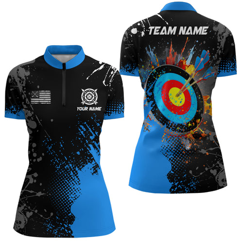 Personalized Paint Blue 3D Target Archery Women Quarter-Zip Shirts, Archery Jerseys Attires TDM1102