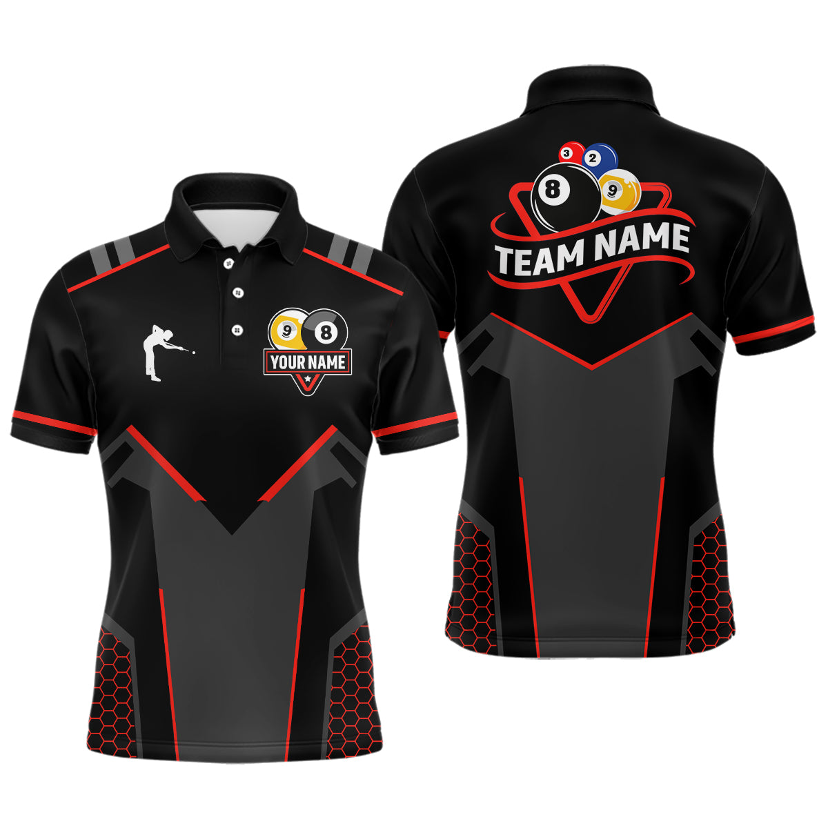 Personalized Billiard 8 Ball & 9 Ball Pool Polo, 1/4 Zip For Men Custom Team Billiard Jerseys |Red TDM3547