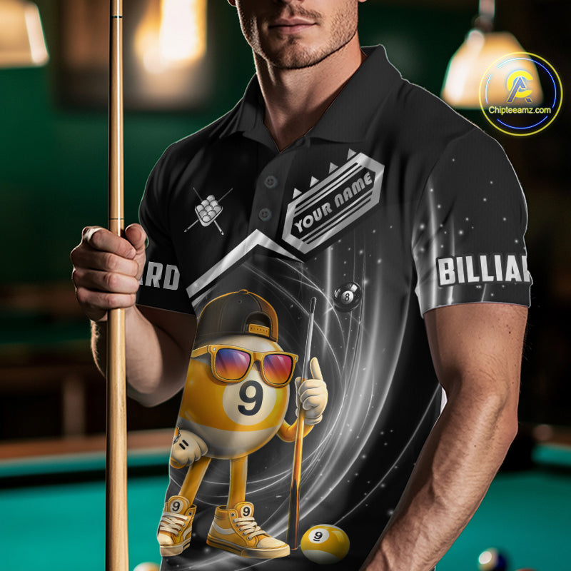 Man wearing funny silver 9 ball pool billiard team jersey polo shirt featuring the humorous 9 ball artwork, front view.