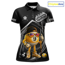 Load image into Gallery viewer, Funny silver 9 ball pool billiard team jersey polo shirt for women featuring a humorous 9 ball design, premium custom pool team apparel and billiard league jersey for tournaments, league play and everyday competition.