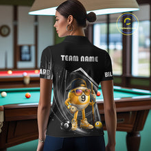Load image into Gallery viewer, Woman wearing funny silver 9 ball pool billiard team jersey polo shirt featuring the humorous 9 ball artwork, back view.