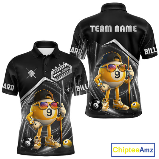 Funny silver 9 ball pool billiard team jersey polo shirt for men featuring a humorous 9 ball design, premium custom pool team apparel and billiard league jersey for tournaments, league play and everyday competition.
