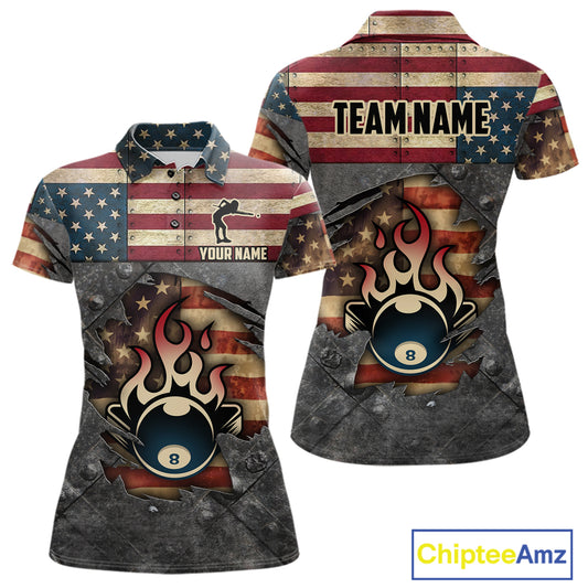 Billiards Vintage US Flag Custom Flame 8 Ball Pool Polo & 1/4 Zip For Women, Billiard Team Jersey TDM6075