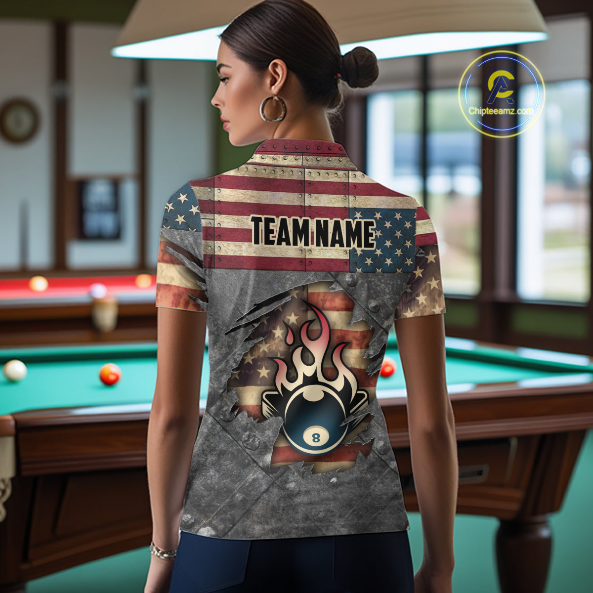 Billiards Vintage US Flag Custom Flame 8 Ball Pool Polo & 1/4 Zip For Women, Billiard Team Jersey TDM6075