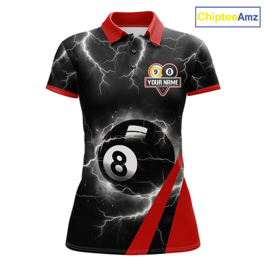 Black And Red 8 Ball 9 Ball Lightning Billiard Shirt For Women Custom Pool Team Jersey Polo, 1/4 Zip TDM6323