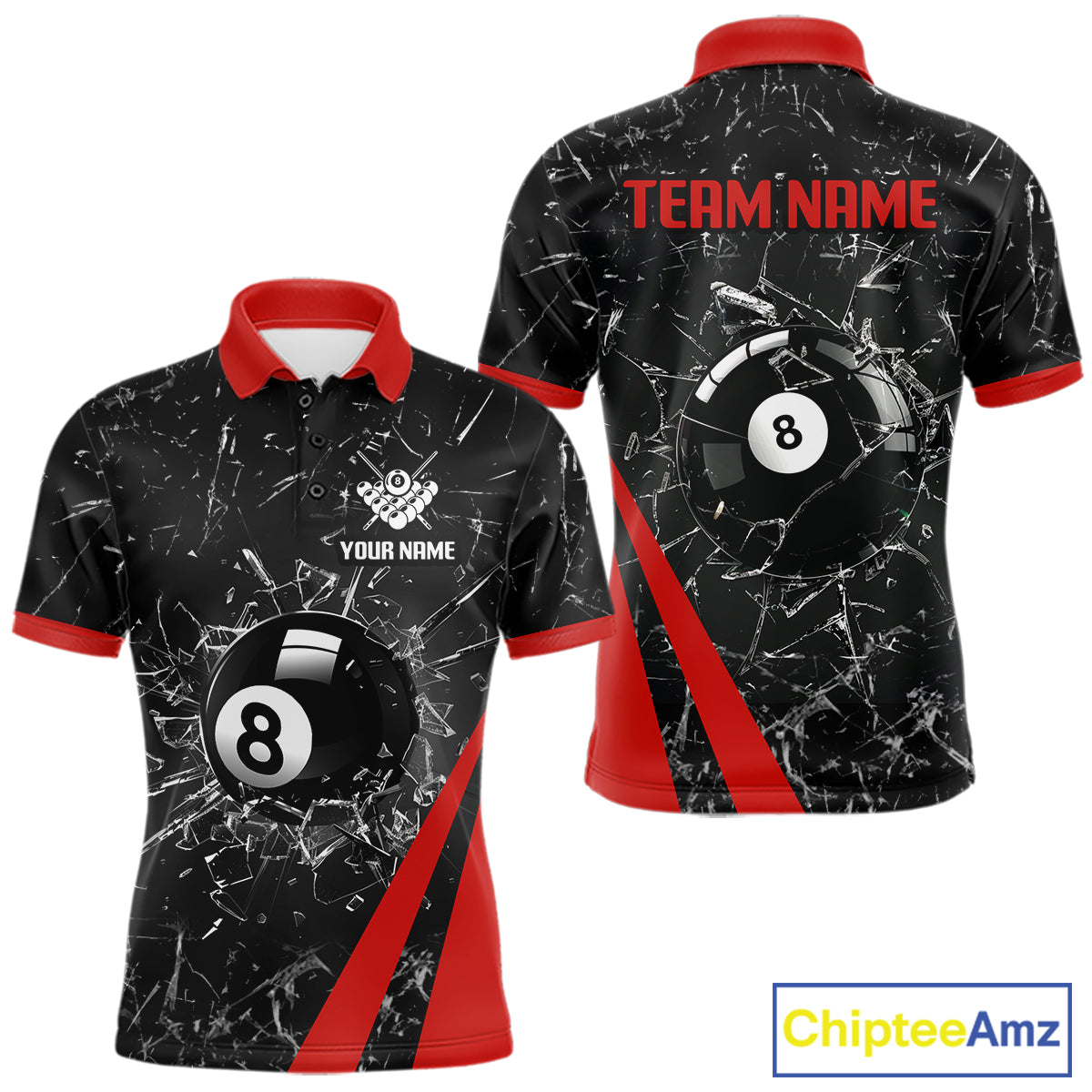 Black And Red Glass Break 8 Ball Billiard Shirt For Men Custom Pool Team Jersey Polo & 1/4 Zip TDM6324