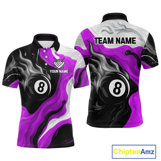 Personalized Black, Purple And White 8 Ball Flame Billiard Shirt For Men Custom Pool Team Jerseys TDM4190