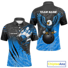 Load image into Gallery viewer, Personalized black and blue eagle bowling team jersey polo shirt for men featuring a powerful eagle design, premium custom bowling league apparel for tournaments, league nights and competitive bowling teams.
