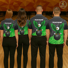 Load image into Gallery viewer, Bowling team wearing matching personalized black and green eagle bowling team jerseys featuring premium eagle graphics, front view.