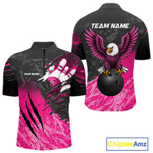 Load image into Gallery viewer, Personalized pink and black eagle bowling team jersey quarter zip shirt for men featuring striking eagle artwork, premium custom bowling league apparel for tournament and league play.