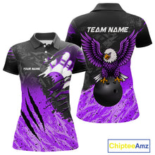 Load image into Gallery viewer, Personalized black and purple eagle bowling team jersey polo shirt for women featuring a majestic eagle design, premium custom bowling league apparel for tournaments, league play and competitive bowling teams.