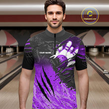 Load image into Gallery viewer, Man wearing personalized black and purple eagle bowling team jersey quarter zip shirt featuring black and purple eagle artwork, front view.