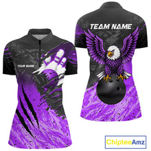 Load image into Gallery viewer, Personalized black and purple eagle bowling team jersey quarter zip shirt for women featuring detailed eagle artwork, premium custom bowling league apparel for tournament and league competition.