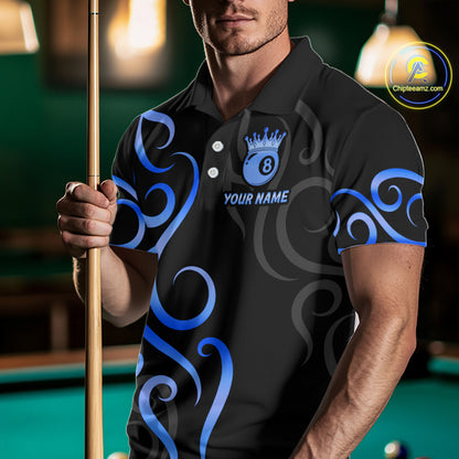 Black And Blue 8 Ball Crown Tribal Billiard Shirt For Men Custom Pool Jersey Billiard Team Shirt TDM7237