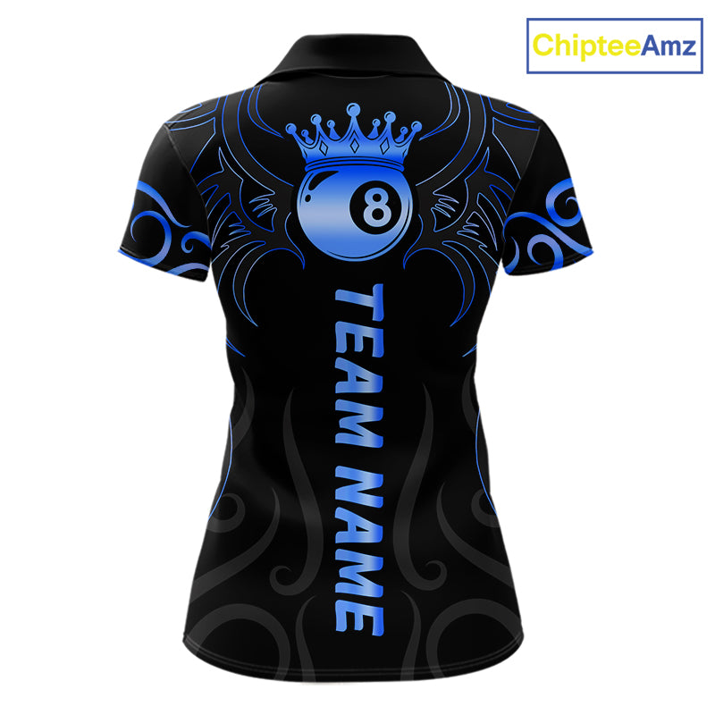 Black And Blue 8 Ball Crown Tribal Billiard Shirt For Women Custom Pool Jersey Billiard Team Shirt TDM7237