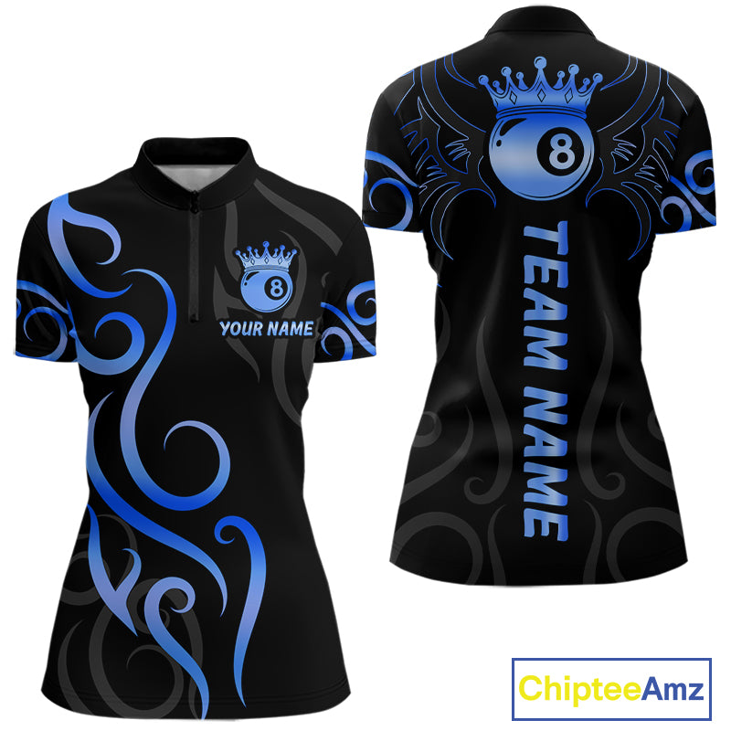 Black And Blue 8 Ball Crown Tribal Billiard Shirt For Women Custom Pool Jersey Billiard Team Shirt TDM7237