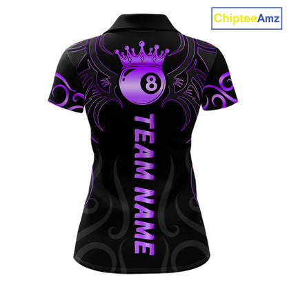 Black And Purple 8 Ball Crown Tribal Billiard Shirt For Women Custom Pool Jersey Billiard Team Shirt TDM7238