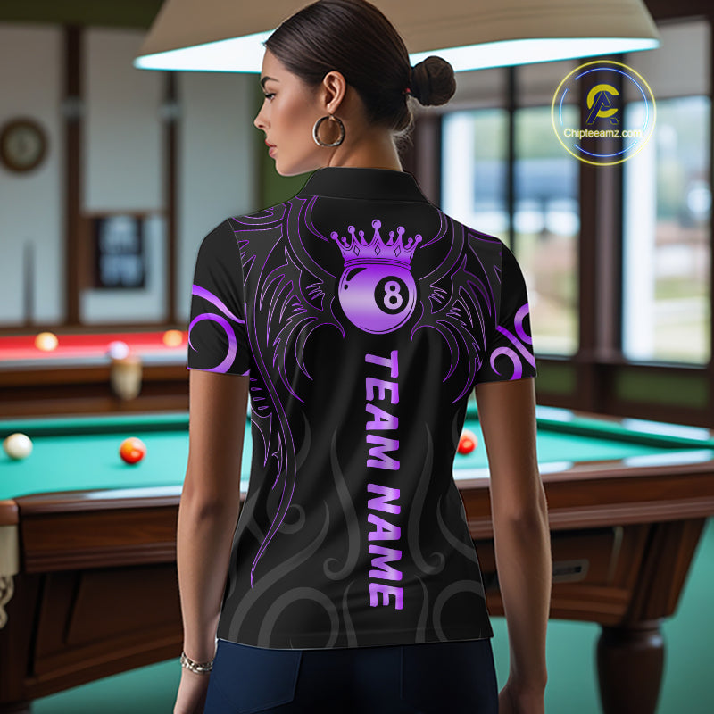 Black And Purple 8 Ball Crown Tribal Billiard Shirt For Women Custom Pool Jersey Billiard Team Shirt TDM7238