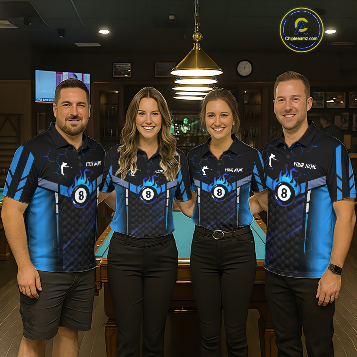 Personalized Blue 8 Ball Flame Billiard Polo & Quarter Zip For Men, 8 Ball Pool Team Jersey TDM5731