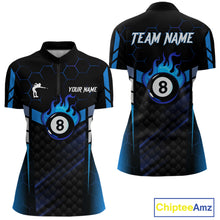 Load image into Gallery viewer, Personalized Blue 8 Ball Flame Billiard Polo &amp; Quarter Zip For Women, 8 Ball Pool Team Jersey TDM5731