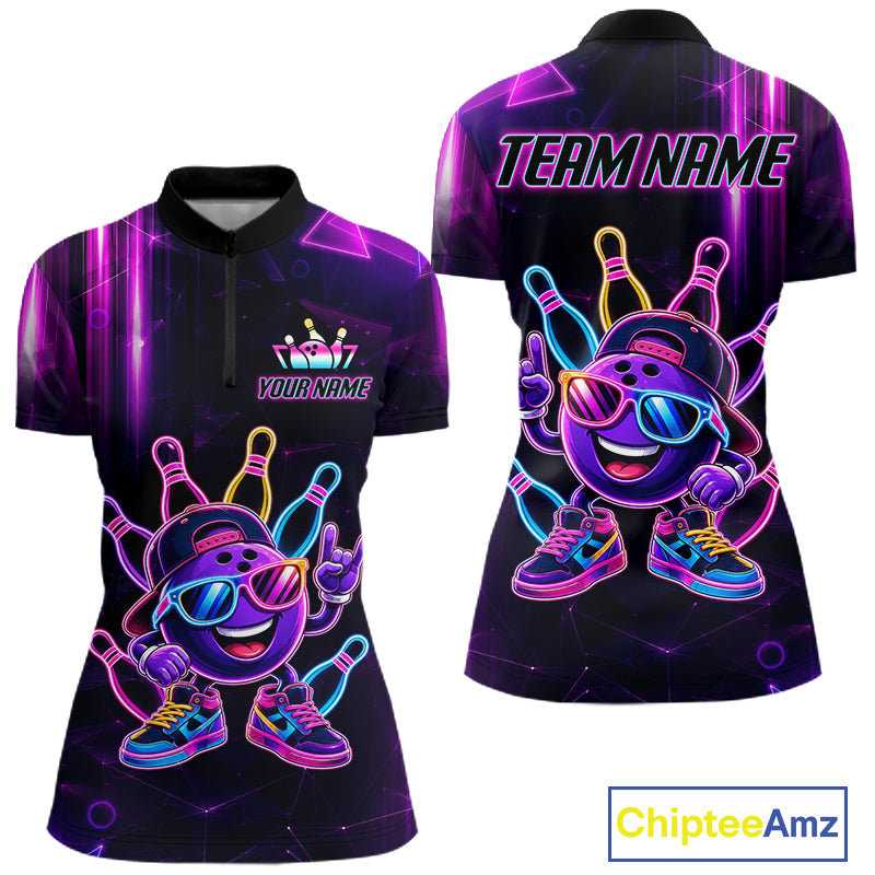 Funny Neon Bowling Ball Polo & Quarter Zip Shirt For Women Custom Bowling Team Shirt, Bowling Jersey TDM6519