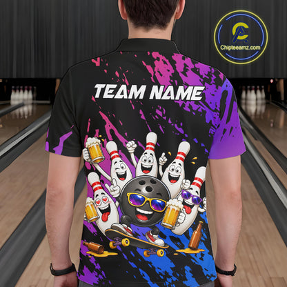 Custom Blue Purple Funny Bowling Pins Beer Bowling Shirts For Men Personalized Bowling Team Jersey TDM7255