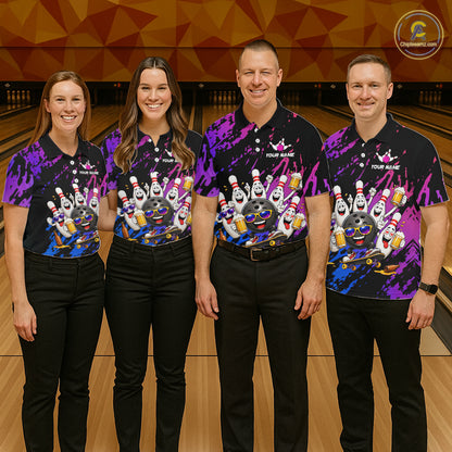 Custom Blue Purple Funny Bowling Pins Beer Bowling Shirts For Men Personalized Bowling Team Jersey TDM7255