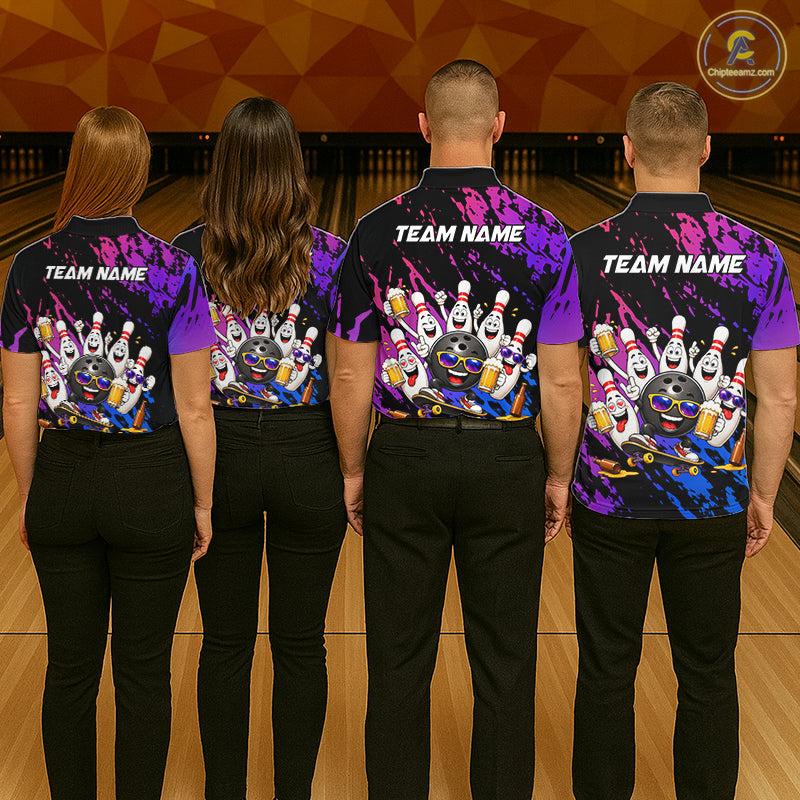 Custom Blue Purple Funny Bowling Pins Beer Bowling Shirts For Men Personalized Bowling Team Jersey TDM7255