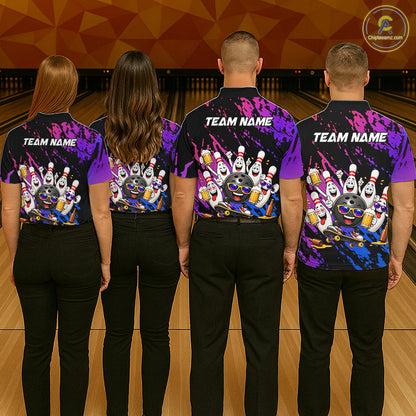 Custom Blue Purple Funny Bowling Pins Beer Bowling Shirts For Men Personalized Bowling Team Jersey TDM7255