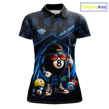 Load image into Gallery viewer, Blue Funny 8 Ball Pool Billiard Shirt For Women Custom Flame Billiard Team Jersey Polo &amp; 1/4 Zip TDM6346