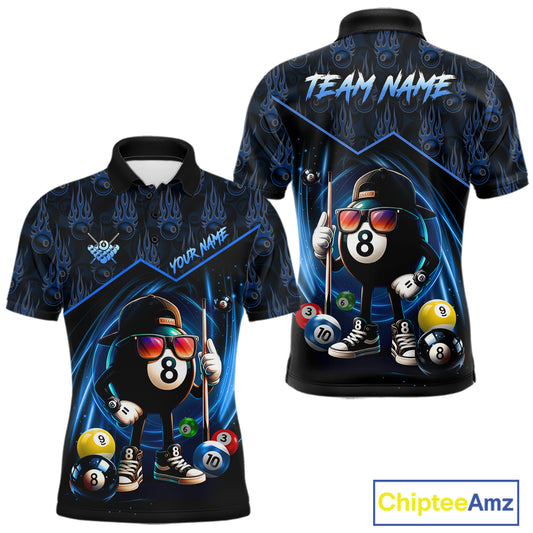 Blue Funny 8 Ball Pool Billiard Shirt For Men Custom Flame Billiard Team Jersey Polo & 1/4 Zip TDM6346