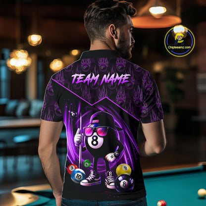Purple Funny 8 Ball Pool Billiard Shirt For Men Custom Flame Billiard Team Jersey Polo & 1/4 Zip TDM6348