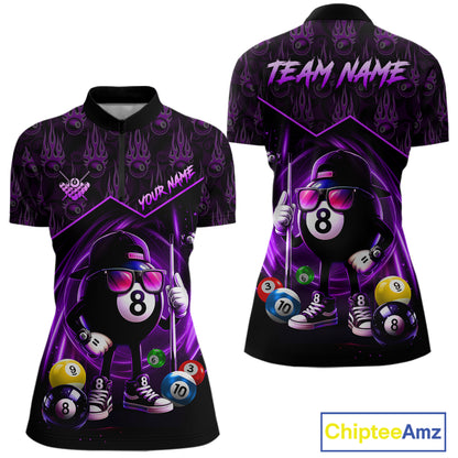 Purple Funny 8 Ball Pool Billiard Shirt For Women Custom Flame Billiard Team Jersey Polo & 1/4 Zip TDM6348