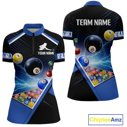 Customized Blue Thunder Lightning Strike Billiard Shirt For Women, Billiard Team Shirt Pool Jerseys TDM4009