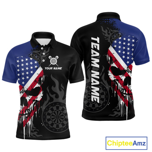 Grunge American Flag Skull Darts Shirt For Men Custom Patriotic Darts Team Jerseys Polo & 1/4 Zip TDM4197